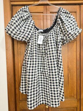 Zoco Gingham Puff Sleeve Dress Mini Smocked Babydoll Size Large NWT
